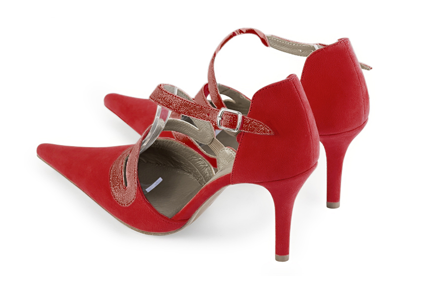Women's cardinal red open side dress shoes, with snake-shaped straps. Pointed toe. High slim heel - Rear view